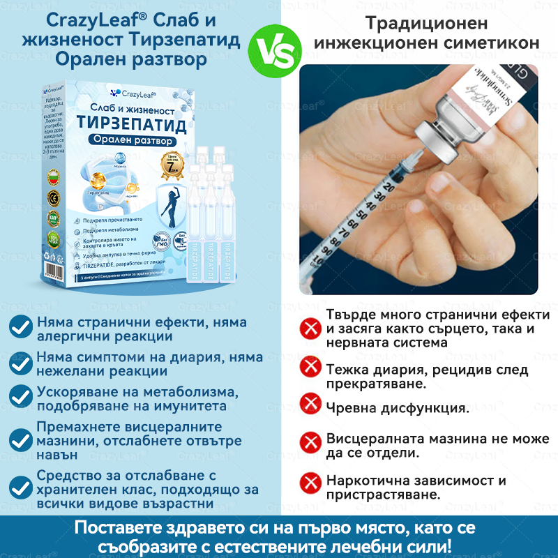 CrazyLeaf®Слим & Виталити Тирезепатид | 💧 Само 1 доза на ден – видими резултати само след 7 дни | Потиска апетита | Нощно изгаряне на мазнини и подкрепа за отслабване | 7 ампули в опаковка